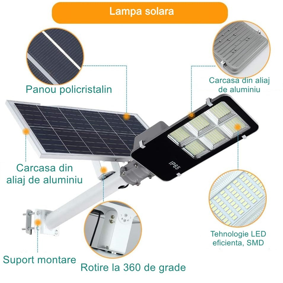 Lampa Solara Stradala, 100 LED SMD, 80W, 7200 Lumeni, Senzor Lumina si Telecomanda, Autonomie 16 Ore, Protectie IP65, Carcasa ABS, 38.6 x 13.3 cm, Lumina Alb Rece 6500K