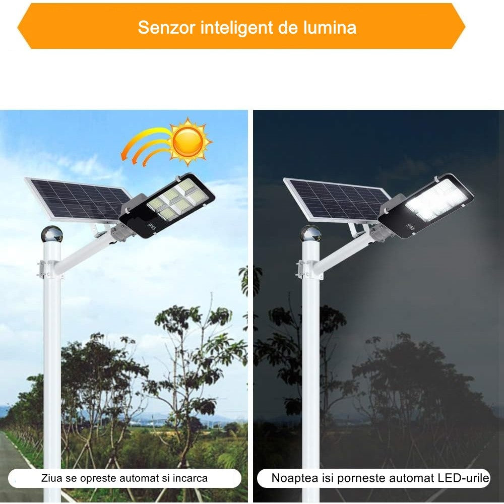Lampa Solara Stradala, 100 LED SMD, 80W, 7200 Lumeni, Senzor Lumina si Telecomanda, Autonomie 16 Ore, Protectie IP65, Carcasa ABS, 38.6 x 13.3 cm, Lumina Alb Rece 6500K