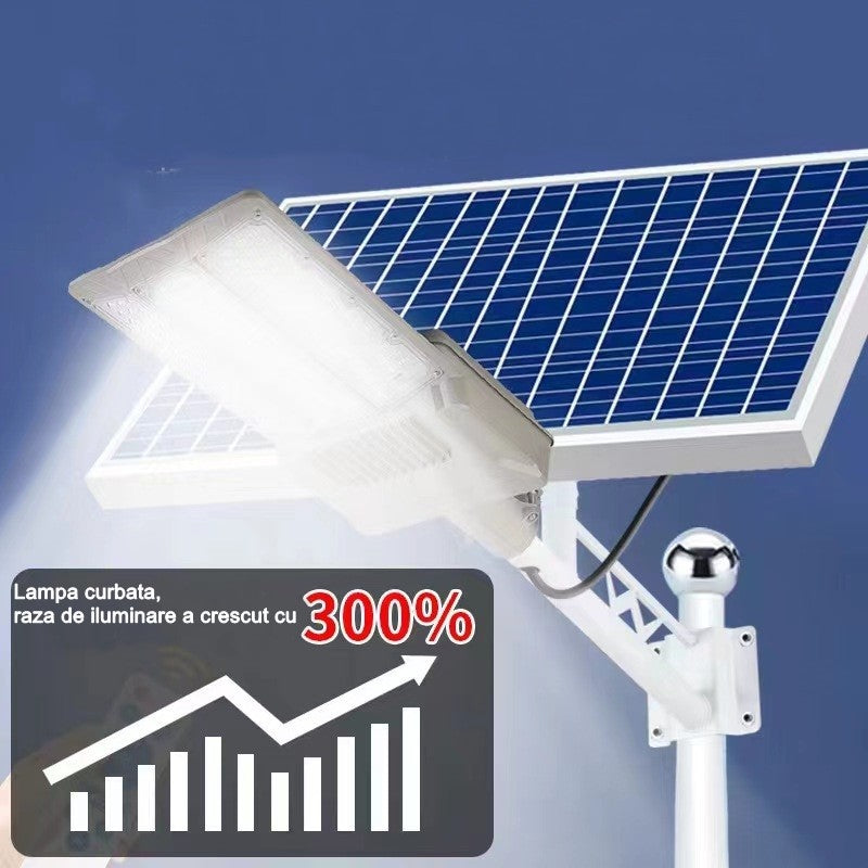 Lampa Solara Stradala de Exterior, Putere 300W, Senzor Lumina si Protectie IP65, Baterie Litiu 25000 mAh, Autonomie 10 Ore, Lumina Rece, 51.5 x 21 cm, Gri