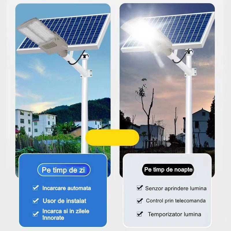 Lampa Solara Stradala de Exterior, Putere 300W, Senzor Lumina si Protectie IP65, Baterie Litiu 25000 mAh, Autonomie 10 Ore, Lumina Rece, 51.5 x 21 cm, Gri