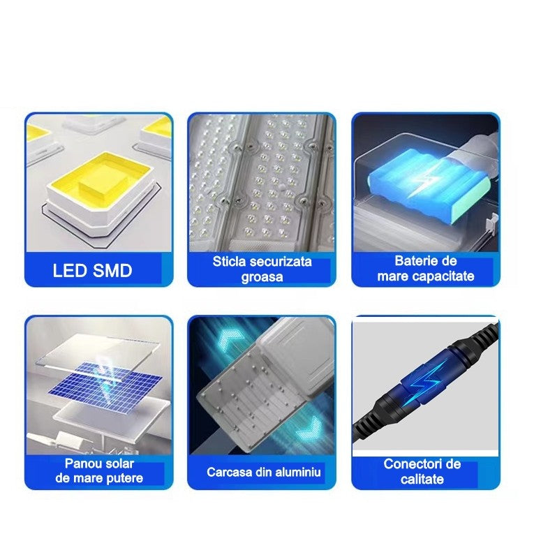 Lampa Solara Stradala de Exterior, Putere 300W, Senzor Lumina si Protectie IP65, Baterie Litiu 25000 mAh, Autonomie 10 Ore, Lumina Rece, 51.5 x 21 cm, Gri