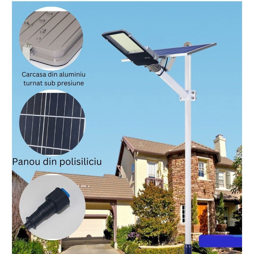 Lampa Solara Stradala 500W, Senzor Lumina si 616 LED-uri, Autonomie 10 Ore, Protectie IP65, Baterie Litiu 4000 mAh, Lumina Rece, 49.5 x 21 x 9 cm, Negru