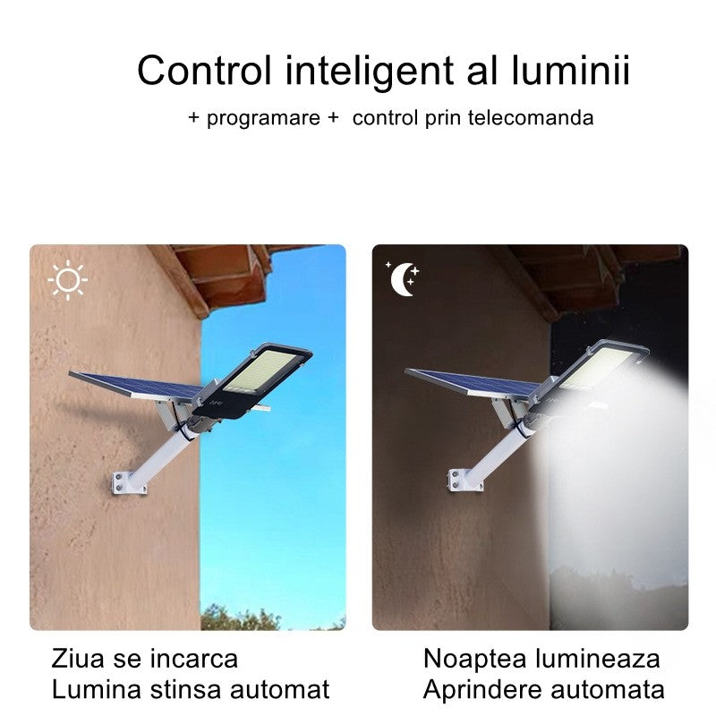 Lampa Solara Stradala 500W, Senzor Lumina si 616 LED-uri, Autonomie 10 Ore, Protectie IP65, Baterie Litiu 4000 mAh, Lumina Rece, 49.5 x 21 x 9 cm, Negru