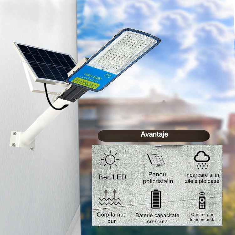 Lampa Solara Stradala 100W, 120 LED SMD, 1800 lm, Senzor Lumina si Telecomanda, Panou 20W, IP66, Autonomie 12-16 Ore, Carcasa ABS, 49 x 21 x 5.5 cm, Gri