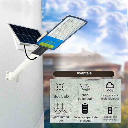 Lampa Solara Stradala 100W, 120 LED SMD, 1800 lm, Senzor Lumina si Telecomanda, Panou 20W, IP66, Autonomie 12-16 Ore, Carcasa ABS, 49 x 21 x 5.5 cm, Gri