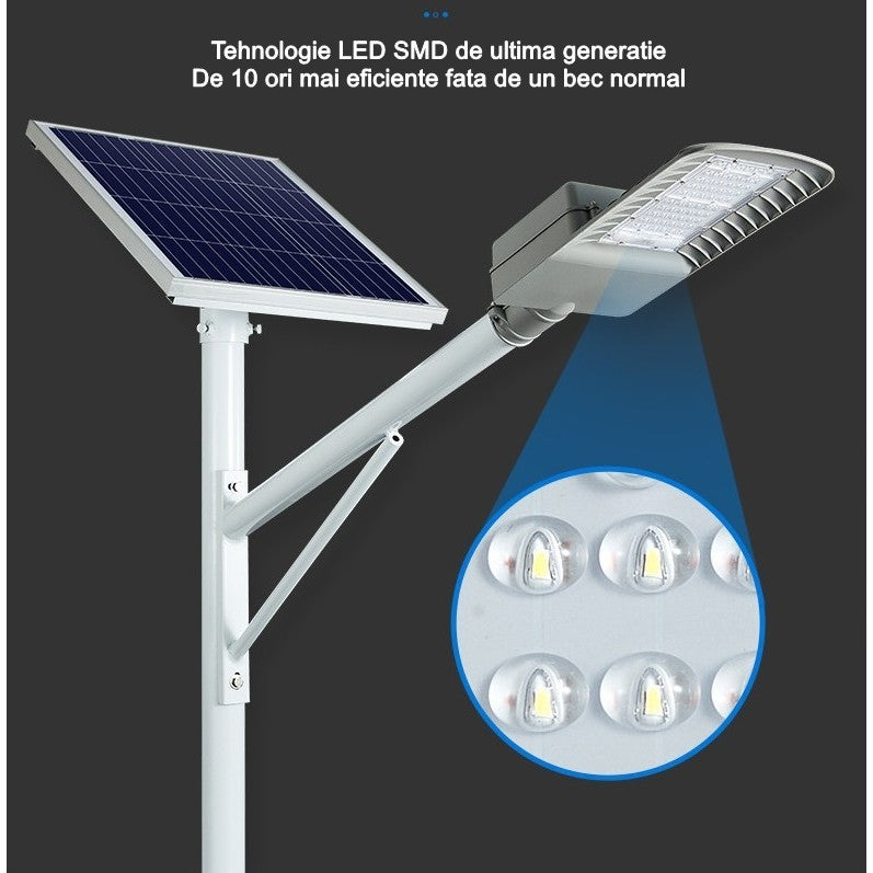 Lampa Solara Stradala 200W, 60 LED SMD, Senzor Lumina si Telecomanda, IP65, 2250 lm, Panou 25W, Autonomie 12-16 Ore, Material ABS, 51.5 x 21 x 7.5 cm, Gri