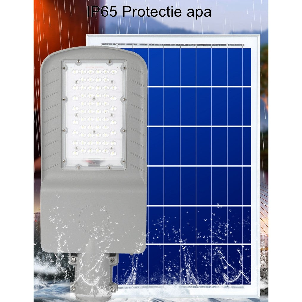 Lampa Solara Stradala 200W, 60 LED SMD, Senzor Lumina si Telecomanda, IP65, 2250 lm, Panou 25W, Autonomie 12-16 Ore, Material ABS, 51.5 x 21 x 7.5 cm, Gri