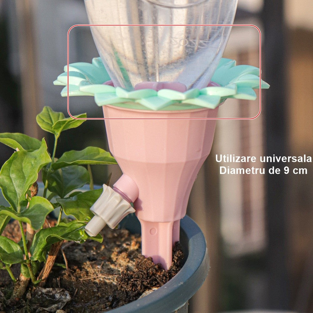 Set Picurătoare pentru Irigare cu Valvă Reglabilă, Design Floare pentru Ghivece și Grădină, Fixare prin Înfigere, Plastic, 16.8 x 9 cm, Roz