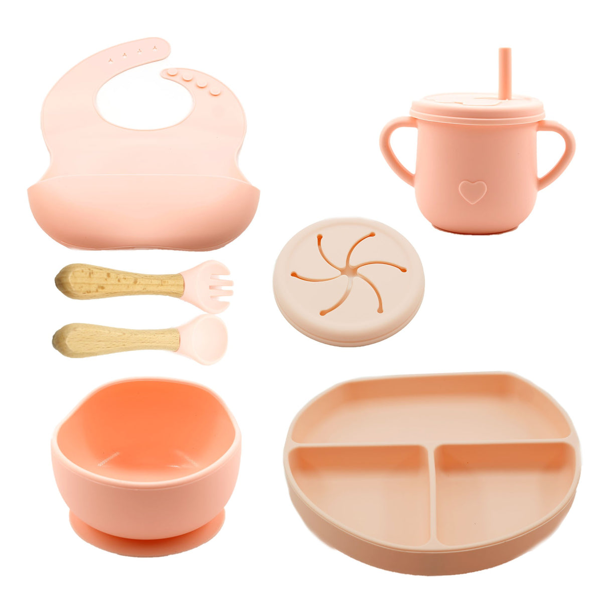 Set Diversificare Bebelusi din Silicon Alimentar, Farfurie si Bol cu Ventuza Anti-Alunecare, Tacamuri Lemn, Cana Gustari si Baveta, Fara BPA, 8 Piese, Roz