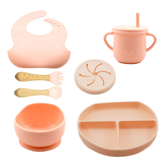 Set Diversificare Bebelusi din Silicon Alimentar, Farfurie si Bol cu Ventuza Anti-Alunecare, Tacamuri Lemn, Cana Gustari si Baveta, Fara BPA, 8 Piese, Roz