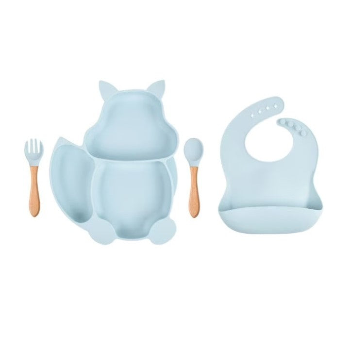 Set Diversificare Bebelusi si Copii, 10 Piese, Farfurie si Bol cu Ventuza Antiderapanta, Cana Gustari, Baveta, Tacamuri Ergonomice, Silicon Non-Toxic si Lemn, Baby Blue