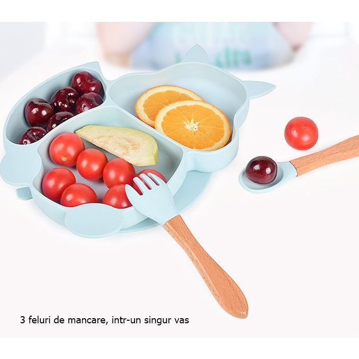 Set Diversificare Bebelusi si Copii, 10 Piese, Farfurie si Bol cu Ventuza Antiderapanta, Cana Gustari, Baveta, Tacamuri Ergonomice, Silicon Non-Toxic si Lemn, Baby Blue