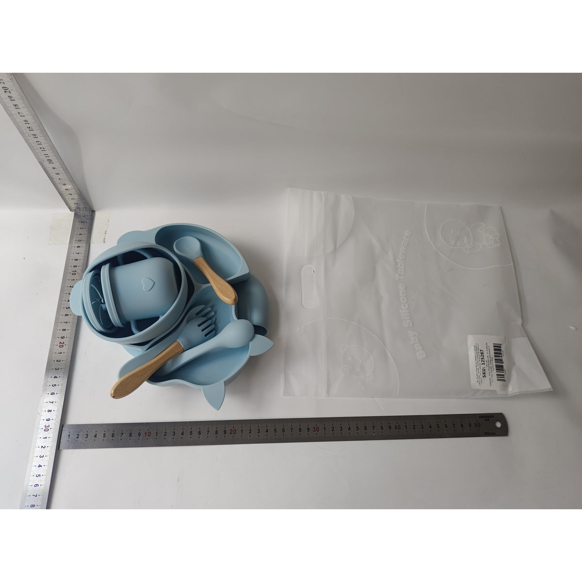 Set Diversificare Bebelusi si Copii, 10 Piese, Farfurie si Bol cu Ventuza Antiderapanta, Cana Gustari, Baveta, Tacamuri Ergonomice, Silicon Non-Toxic si Lemn, Baby Blue