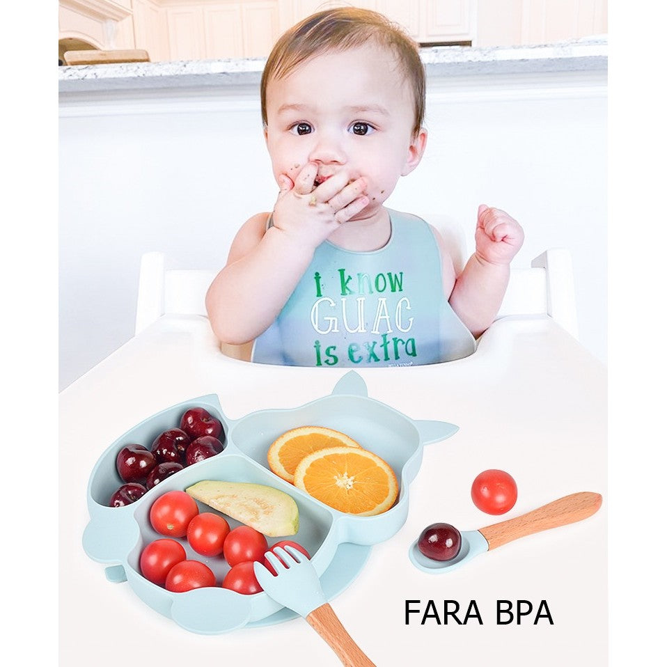 Set Diversificare Bebelusi si Copii, 10 Piese, Farfurie si Bol cu Ventuza Antiderapanta, Cana Gustari, Baveta, Tacamuri Ergonomice, Silicon Non-Toxic si Lemn, Baby Blue