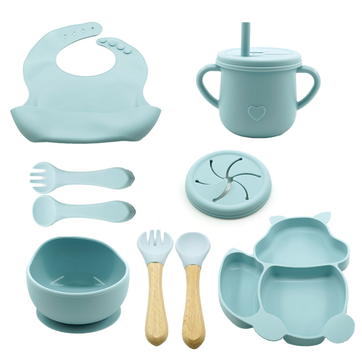 Set Diversificare Bebelusi si Copii, 10 Piese, Farfurie si Bol cu Ventuza Antiderapanta, Cana Gustari, Baveta, Tacamuri Ergonomice, Silicon Non-Toxic si Lemn, Baby Blue