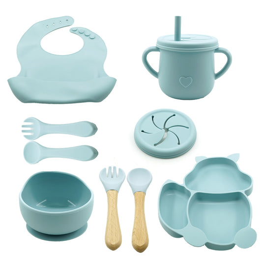 Set Diversificare Bebelusi si Copii, 10 Piese, Farfurie si Bol cu Ventuza Antiderapanta, Cana Gustari, Baveta, Tacamuri Ergonomice, Silicon Non-Toxic si Lemn, Baby Blue