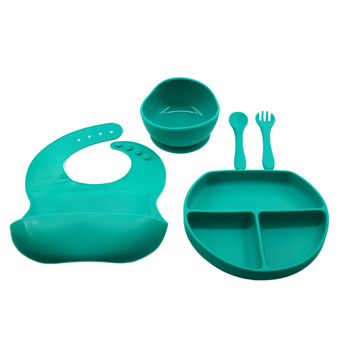 Set Diversificare Bebelusi si Copii, 5 Piese din Silicon Alimentar, Farfurie si Bol cu Ventuza, Baveta, Tacamuri, Fara BPA, Verde