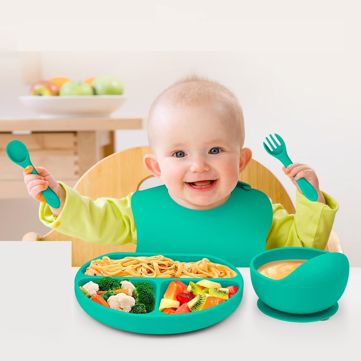 Set Diversificare Bebelusi si Copii, 5 Piese din Silicon Alimentar, Farfurie si Bol cu Ventuza, Baveta, Tacamuri, Fara BPA, Verde