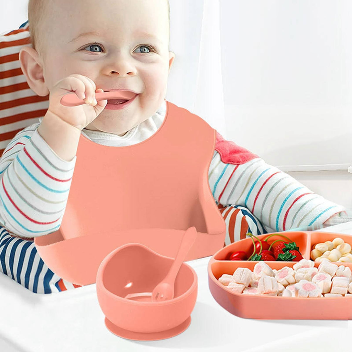 Set Diversificare Bebelusi si Copii, 5 Piese din Silicon Alimentar, Farfurie si Bol cu Ventuza Antiderapanta, Baveta Reglabila, Tacamuri Ergonomice, Roz