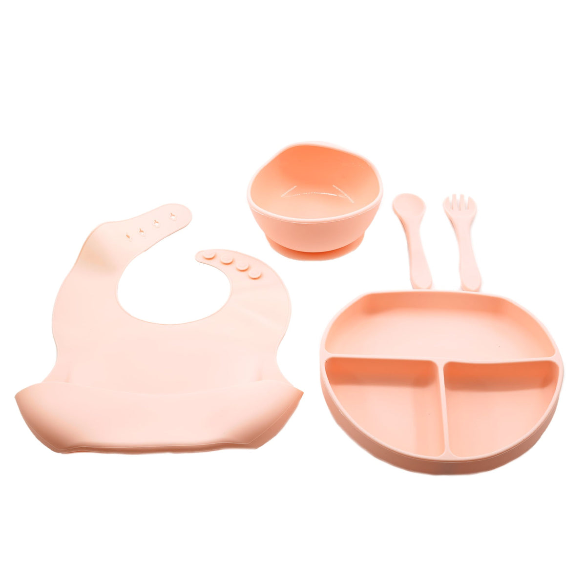 Set Diversificare Bebelusi si Copii, 5 Piese din Silicon Alimentar, Farfurie si Bol cu Ventuza Antiderapanta, Baveta Reglabila, Tacamuri Ergonomice, Roz