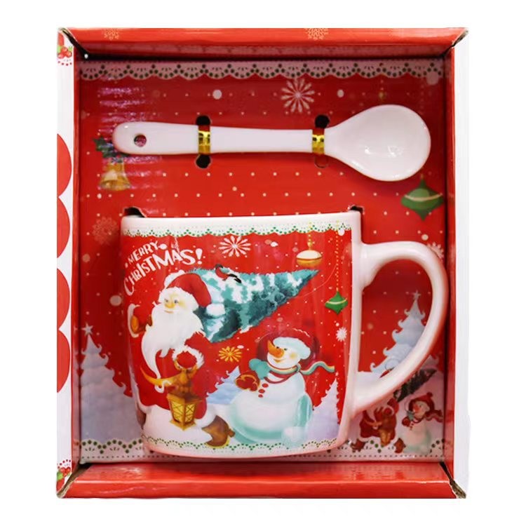Set Cana Cafea și Ceai cu Linguriță, Model Moș Crăciun, Ceramică, 200 ml, Roșu