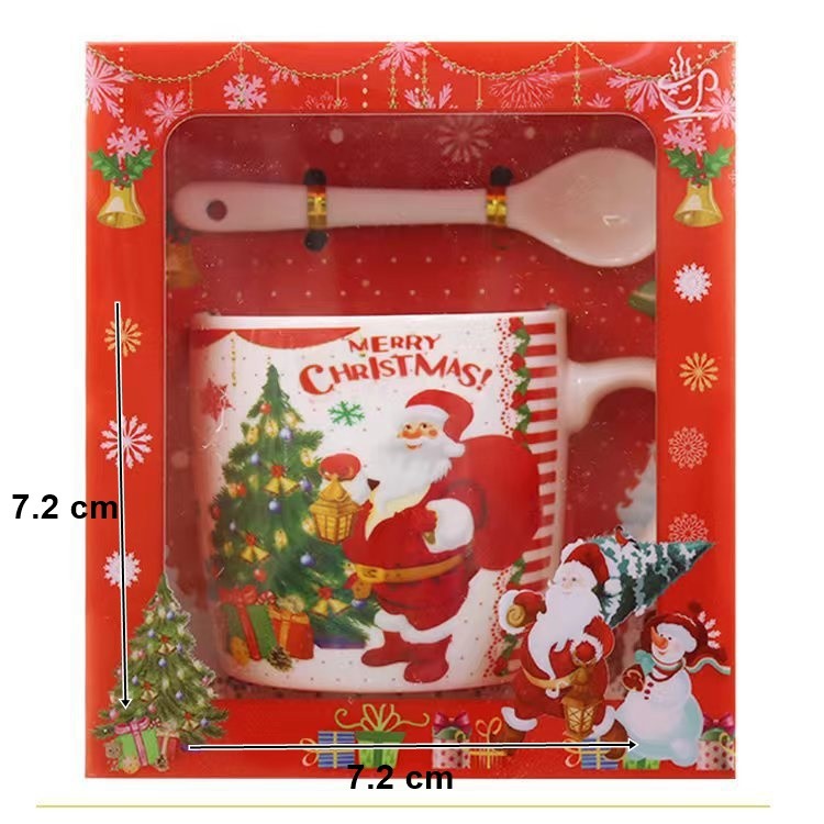 Cana de Craciun cu Lingurita, Set Cana Ceramica Tematica Mos Craciun si Brad, Ideala pentru Ceai si Cafea, Alb, 200 ml