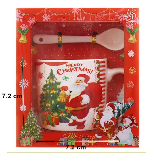 Cana de Craciun cu Lingurita, Set Cana Ceramica Tematica Mos Craciun si Brad, Ideala pentru Ceai si Cafea, Alb, 200 ml