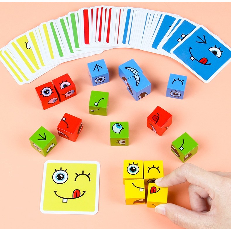 Jucarie pentru copii montessori Berbis, cub din lemn, asamblare fete, 64 de carti distractive, pentru baieti si fete, varsta +3 ani, educativ, multicolor