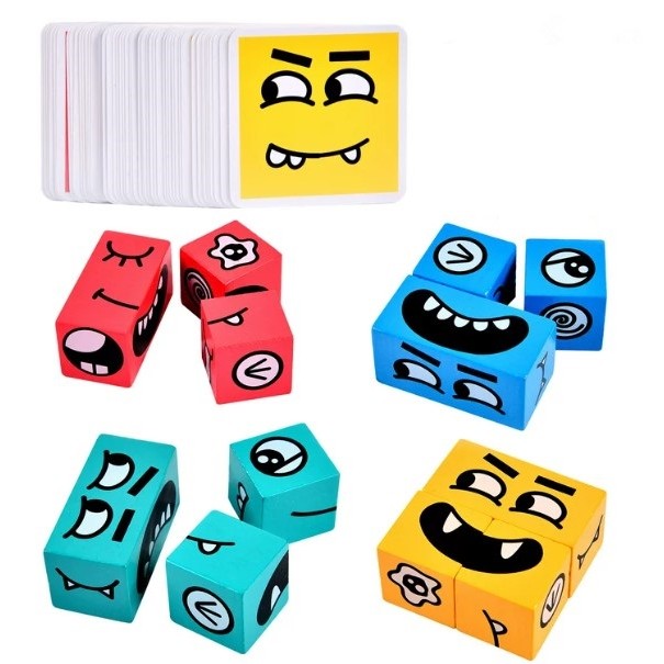 Jucarie pentru copii montessori Berbis, cub din lemn, asamblare fete, 64 de carti distractive, pentru baieti si fete, varsta +3 ani, educativ, multicolor
