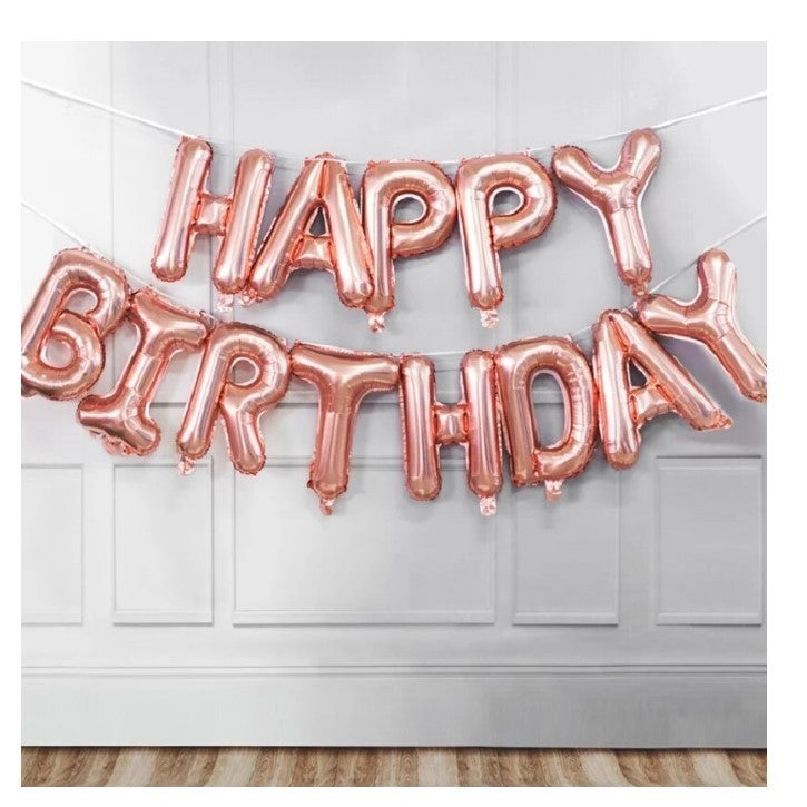 Set Baloane Litere Happy Birthday, Decoratiuni Petrecere Aniversara, Folie de Aluminiu, 40 cm, Rose Gold, 13 Piese