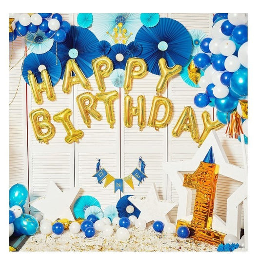 Set Baloane Litere Happy Birthday, Decoratiuni Petrecere Aniversara, Material Folie de Aluminiu, Dimensiune 40 cm, Culoare Auriu