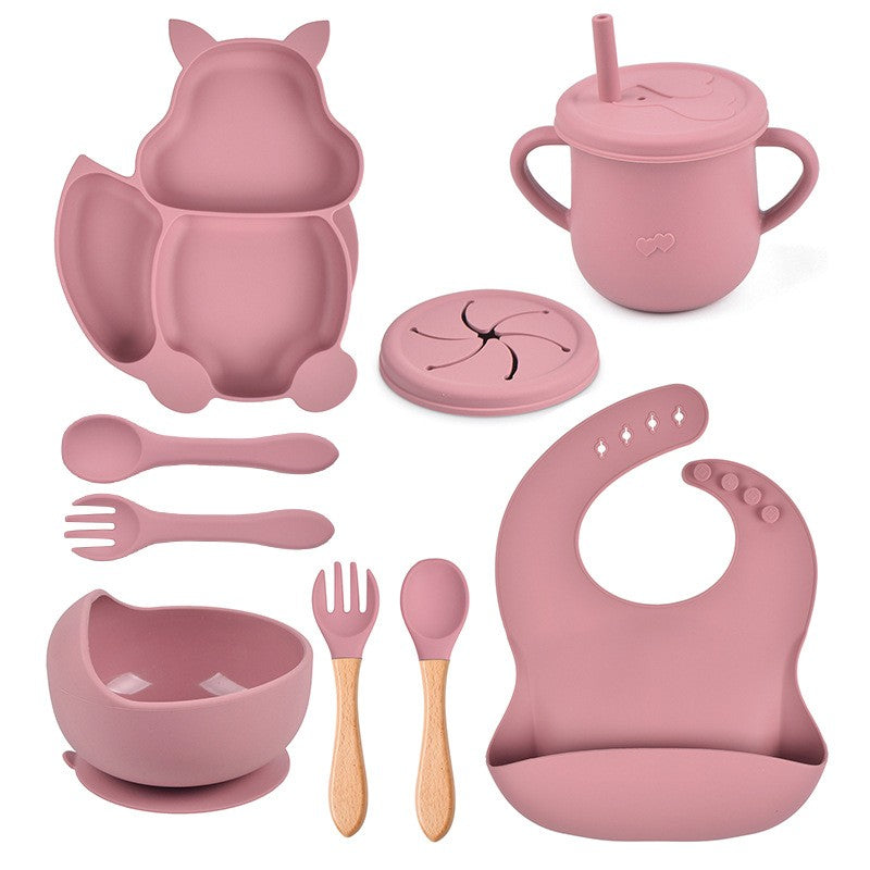 Set Diversificare Bebelusi, Farfurie si Bol cu Ventuza, Cana Gustari, Tacamuri Lemn si Baveta, Silicon Alimentar Fara Alergeni, 10 Piese, Roz Pudrat