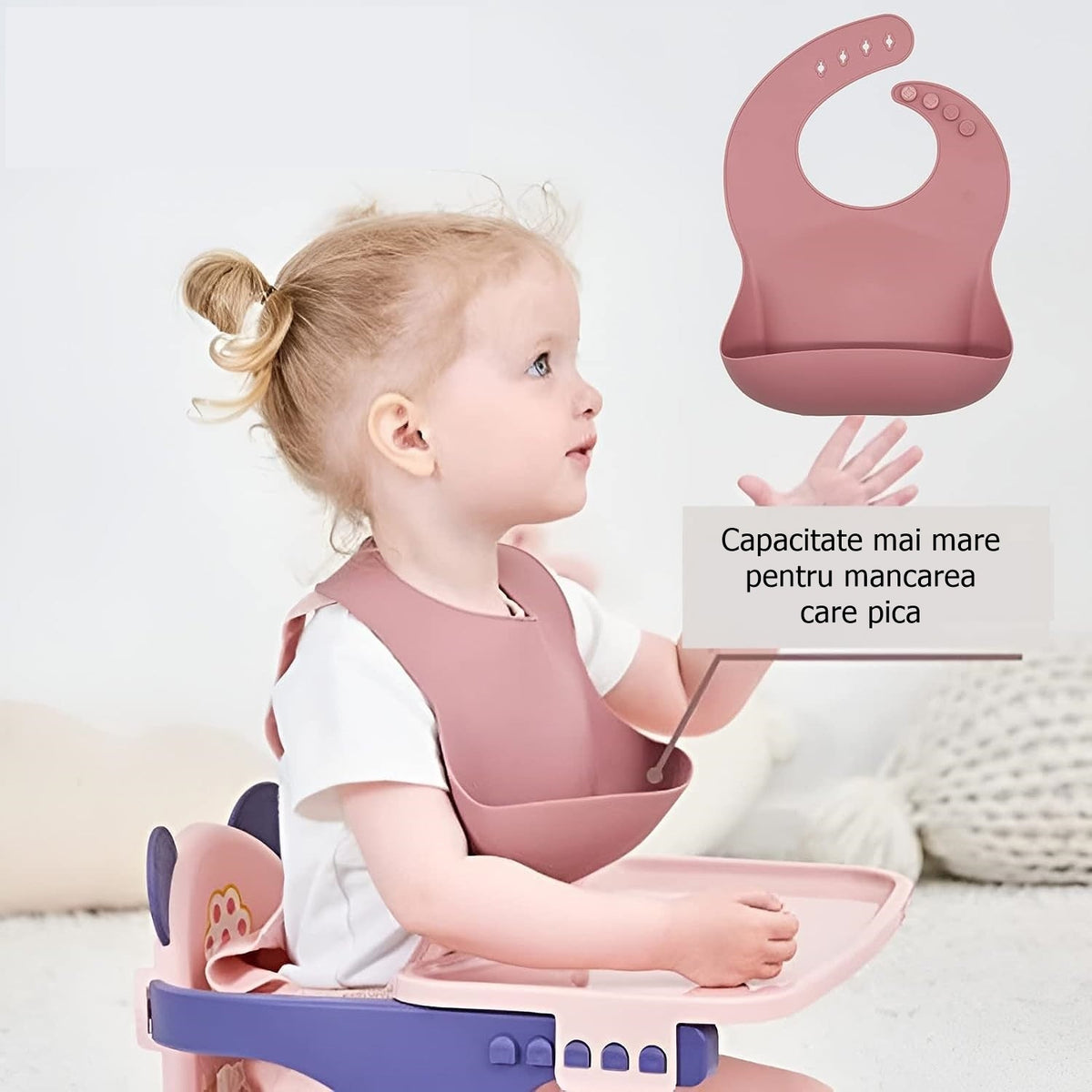 Set Diversificare Bebelusi, Farfurie si Bol cu Ventuza, Cana Gustari, Tacamuri Lemn si Baveta, Silicon Alimentar Fara Alergeni, 10 Piese, Roz Pudrat
