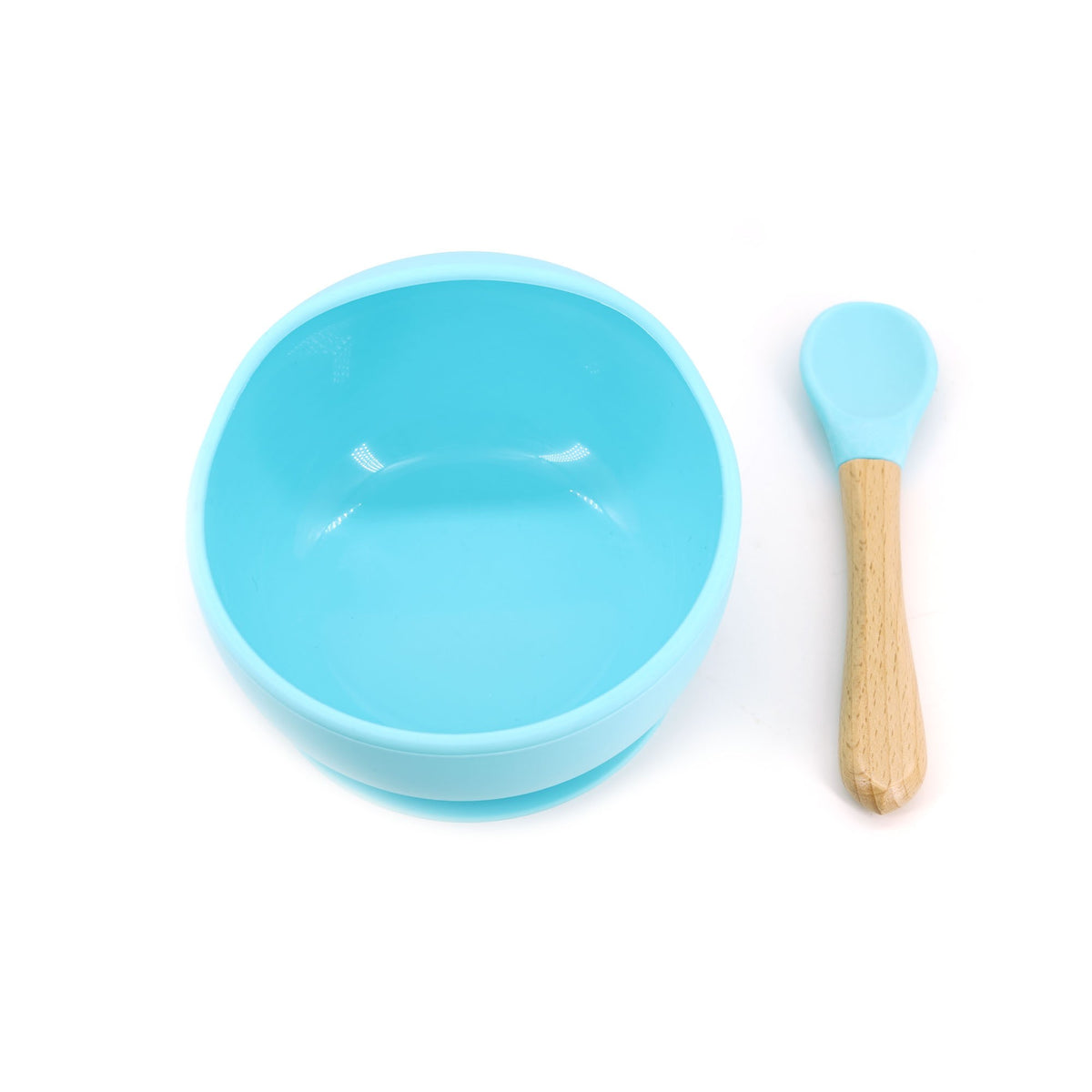 Set Diversificare Bebelusi, Bol din Silicon cu Ventuza Anti-Alunecare si Lingurita, Fara BPA, Termorezistent, 2 Piese, Albastru/Lemn