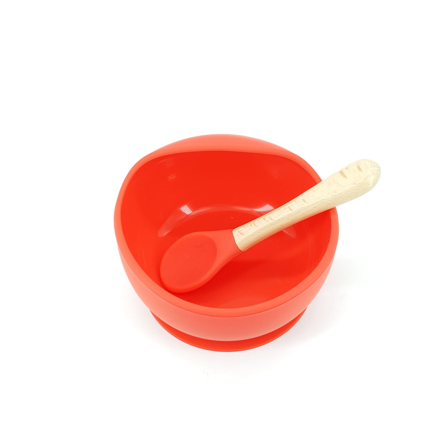 Set Diversificare Bebelusi, Bol cu Ventuza Puternica si Lingurita, Silicon Alimentar Fara BPA si Lemn, Termorezistent, 2 Piese, Rosu