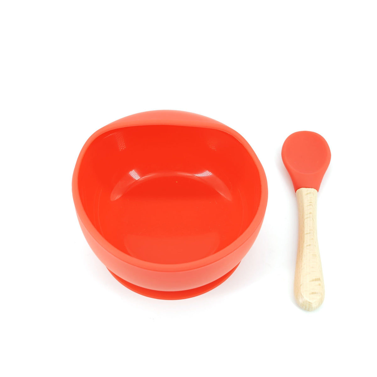 Set Diversificare Bebelusi, Bol cu Ventuza Puternica si Lingurita, Silicon Alimentar Fara BPA si Lemn, Termorezistent, 2 Piese, Rosu