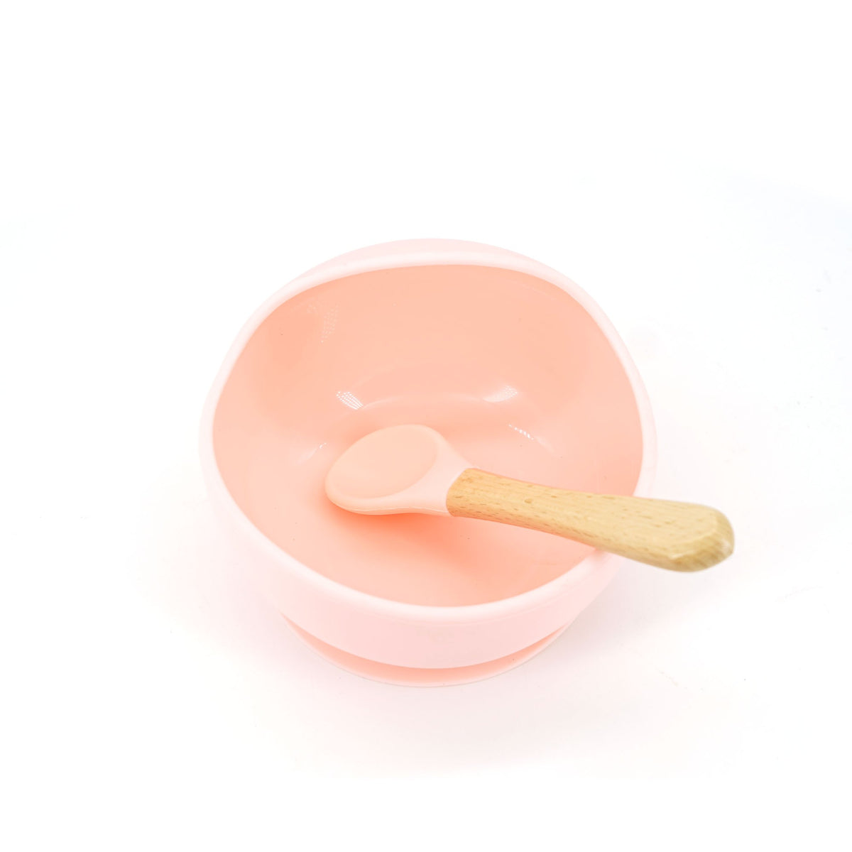 Set Diversificare Bebelusi, Bol din Silicon Alimentar cu Ventuza Antiderapanta si Lingurita din Lemn, Fara BPA, Rezistent la Microunde, Roz, 2 Piese