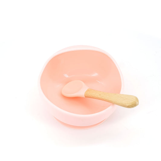 Set Diversificare Bebelusi, Bol din Silicon Alimentar cu Ventuza Antiderapanta si Lingurita din Lemn, Fara BPA, Rezistent la Microunde, Roz, 2 Piese