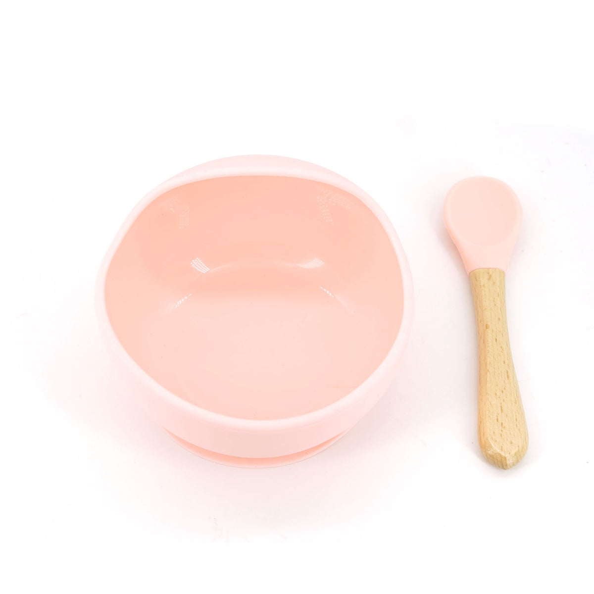 Set Diversificare Bebelusi, Bol din Silicon Alimentar cu Ventuza Antiderapanta si Lingurita din Lemn, Fara BPA, Rezistent la Microunde, Roz, 2 Piese