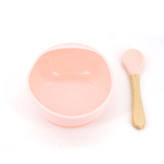 Set Diversificare Bebelusi, Bol din Silicon Alimentar cu Ventuza Antiderapanta si Lingurita din Lemn, Fara BPA, Rezistent la Microunde, Roz, 2 Piese