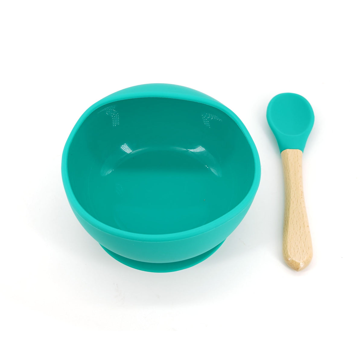 Set Diversificare Bebelusi, Bol din Silicon cu Ventuza Anti-Alunecare si Lingurita din Lemn, Fara BPA, Rezistent la Microunde si Masina de Spalat Vase, 2 Piese, Verde