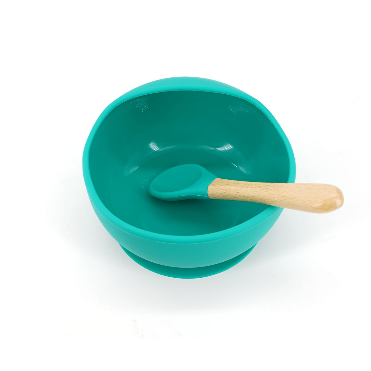 Set Diversificare Bebelusi, Bol din Silicon cu Ventuza Anti-Alunecare si Lingurita din Lemn, Fara BPA, Rezistent la Microunde si Masina de Spalat Vase, 2 Piese, Verde