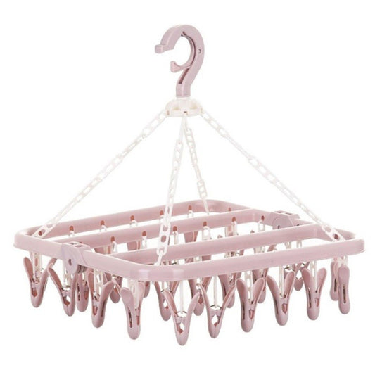 Uscator de Rufe Tip Carusel, Suport cu 32 de Cleme si Agatatoare Rezistenta la Vant, Design Pliabil cu Rotire 360 Grade, Plastic Durabil, 32x32 cm, Roz