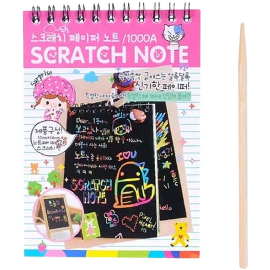 Caiet Magic Scratch cu Fise Razuibile, Activitate Creativa DIY, Design Curcubeu, Carton si Creion din Lemn Inclus, 12 File, 14.5 x 10 cm, Roz