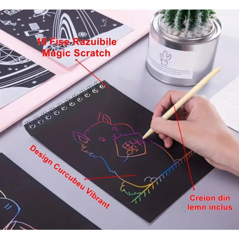 Caiet cu Fise Razuibile DIY Magic Scratch, Set Creativ Design Curcubeu, Include Creion din Lemn, Carton, 12 File, 14 x 10 cm, Rosu