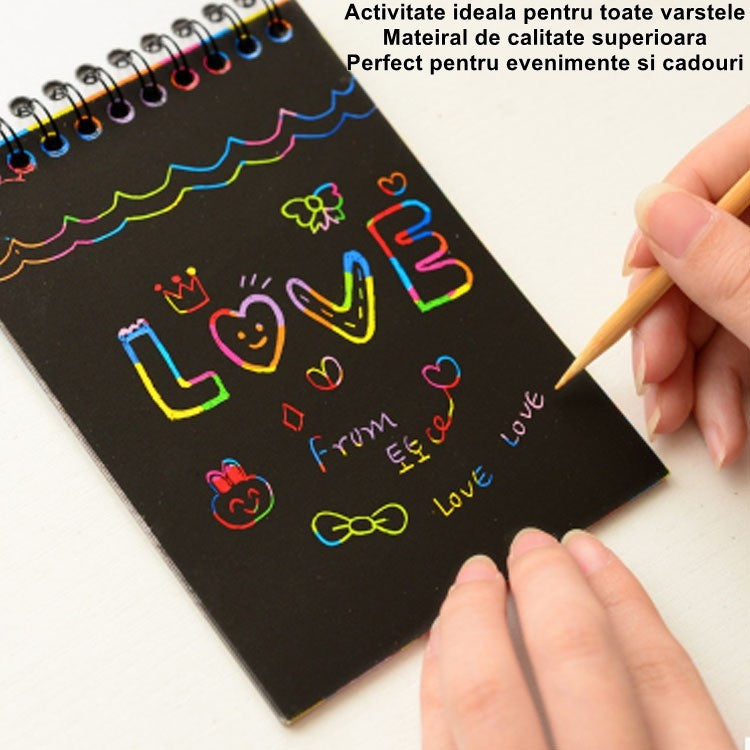 Caiet cu Fise Razuibile DIY Magic Scratch, Set Creativ cu Efect Curcubeu, Carton si Creion din Lemn, 12 File, 14 x 10 cm, Verde