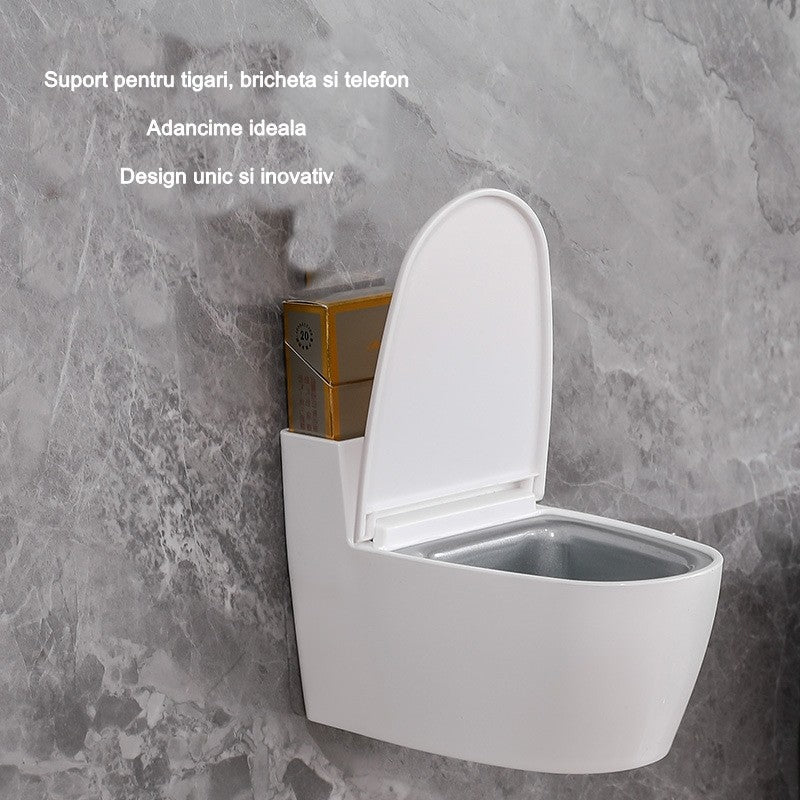 Scrumiera Creativa in Forma de Toaleta cu Capac, Suport Tigari cu Fixare prin Lipire sau Auto-stativ, ABS si Otel Inoxidabil, 12.5 x 9.8 x 8.4 cm, Alb