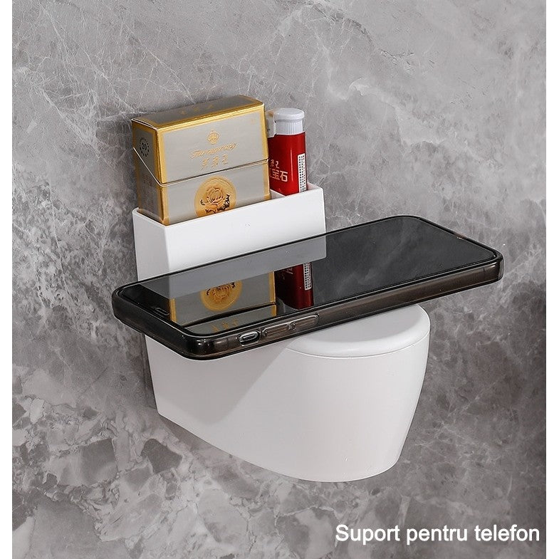 Scrumiera Creativa in Forma de Toaleta, Capac Elegant si Recipient Detasabil, ABS si Otel Inoxidabil, Montare pe Perete sau Birou, 12.5 x 9.8 x 8.4 cm, Alb cu Auriu