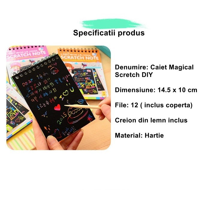 Caiet Cu Fise Razuibile DIY Magic Scratch, Set Creativ Artistic Cu Efect Curcubeu, Include Creion Din Lemn Si 12 File Din Carton, 14.5 x 10 cm, Verde