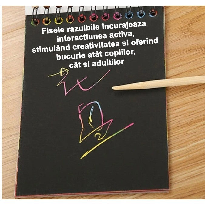 Caiet cu Fise Razuibile DIY Magic Scratch, Set Creativ cu Efect Curcubeu si Creion din Lemn, Carton, 26 x 19 cm, 12 File, Multicolor